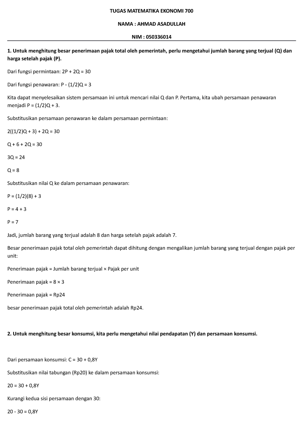 Tugas 2 Matematika Ekonomi - TUGAS MATEMATIKA EKONOMI 700 NAMA : AHMAD ...