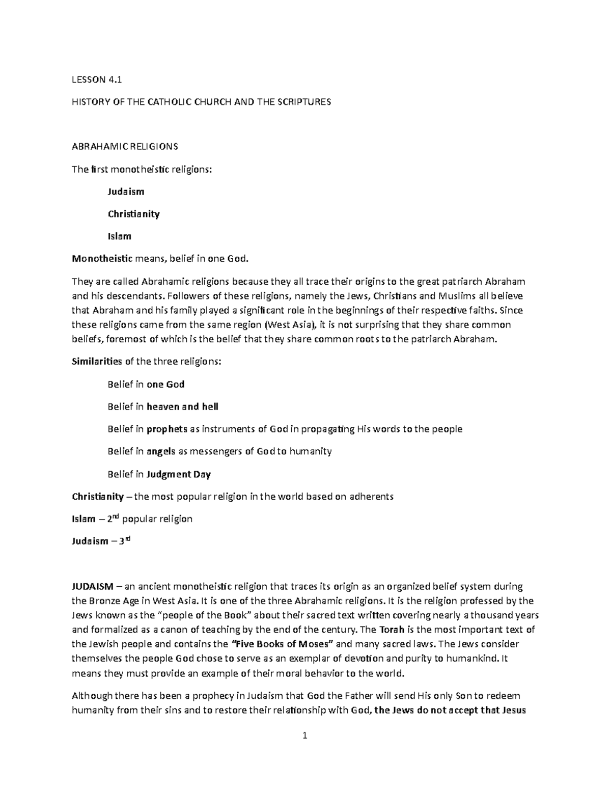 Lesson+4.1+ Abrahamic+ Religions - 1 LESSON 4. HISTORY OF THE CATHOLIC ...