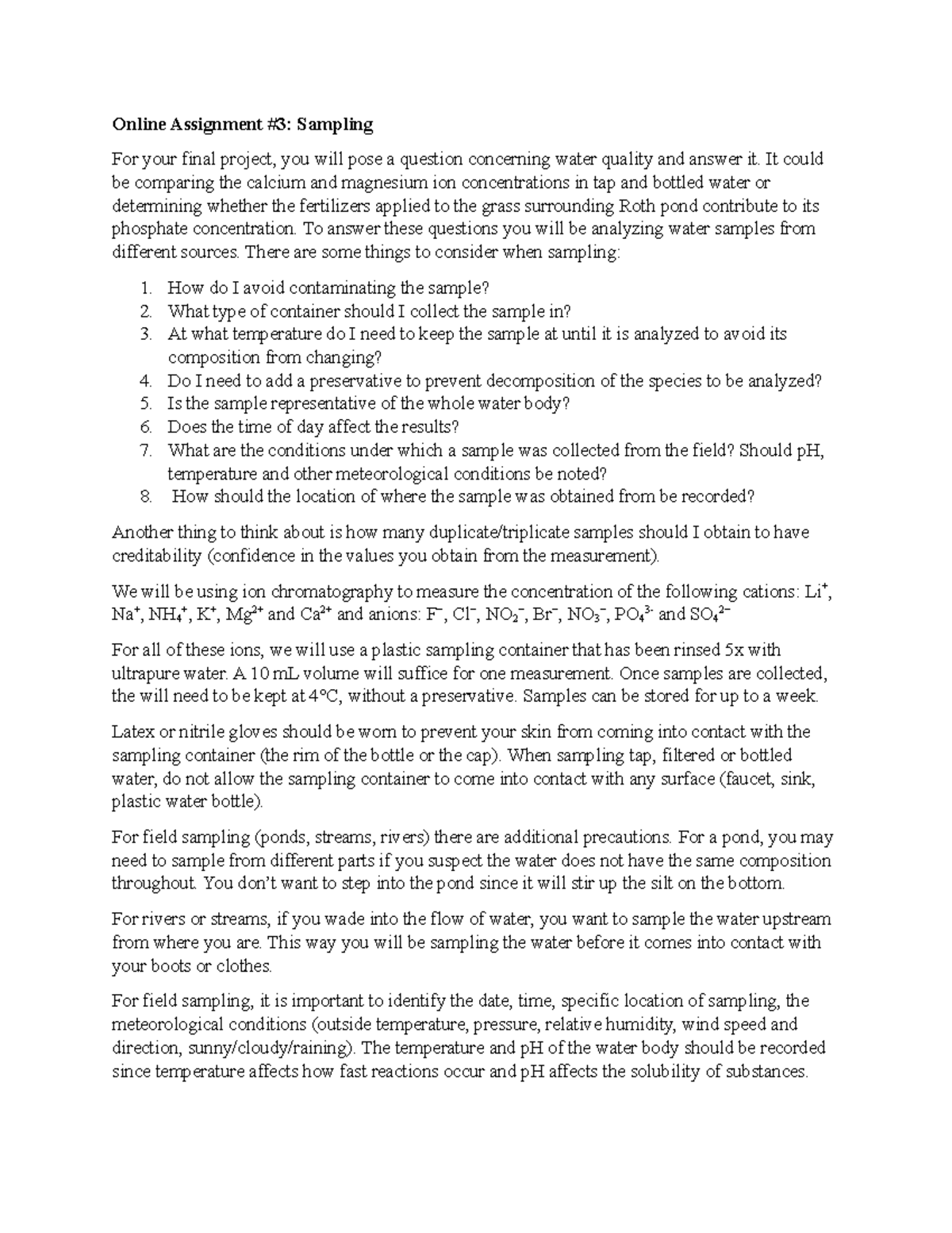 Sampling Techniques CHE 133 F22 - Online Assignment #3: Sampling For ...