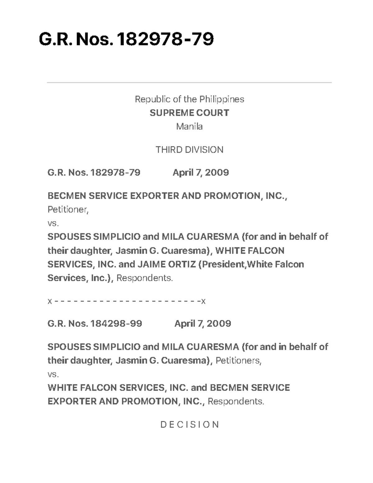 Becmen VS SPS Cuaresma - Law - G. Nos. 182978- Republic of the ...