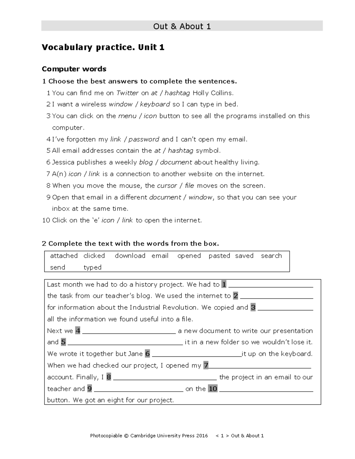 BTO 1 Unit 1 Vocabulary practice - Out & About 1 Vocabulary practice ...