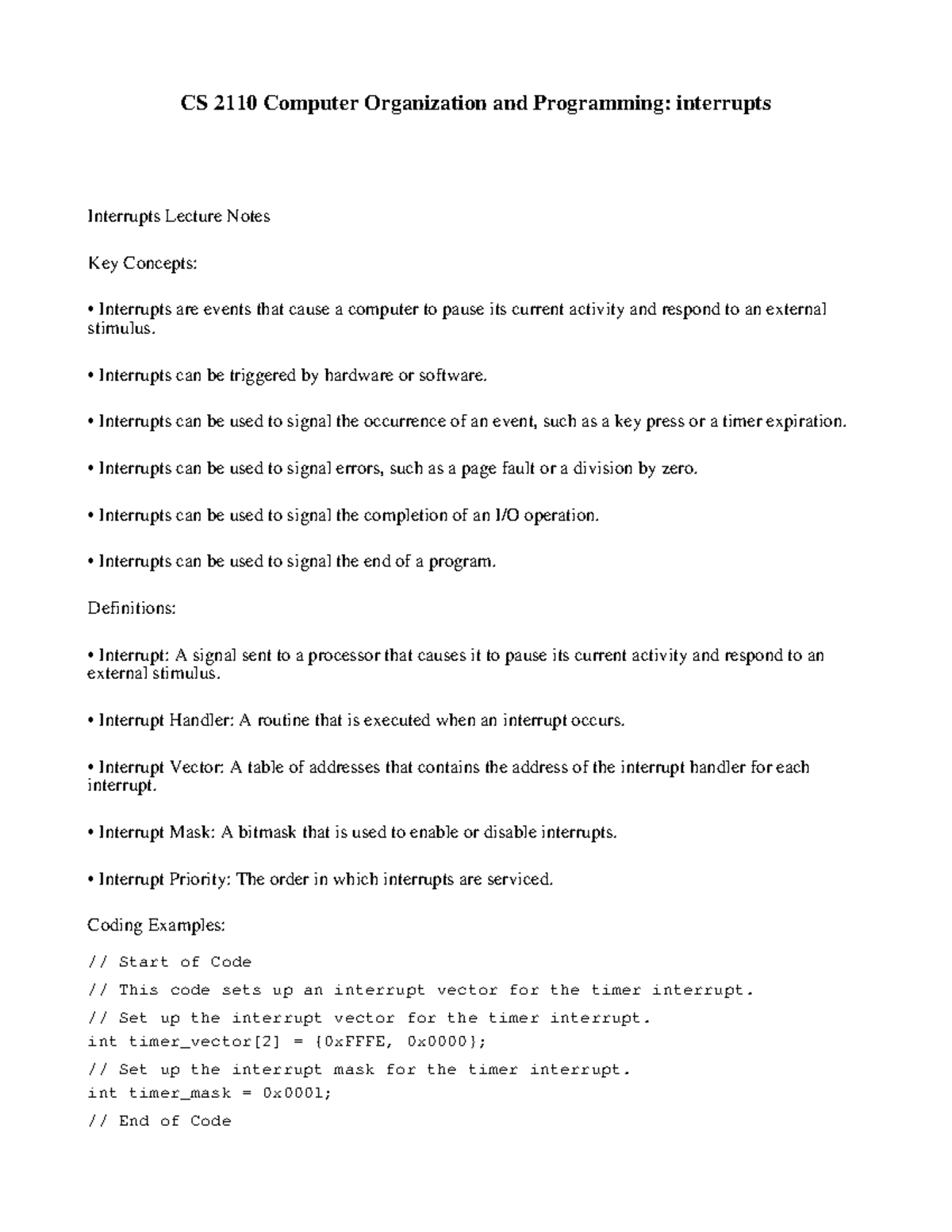 CS 2110 Computer Organization and Programming interrupts CS 2110