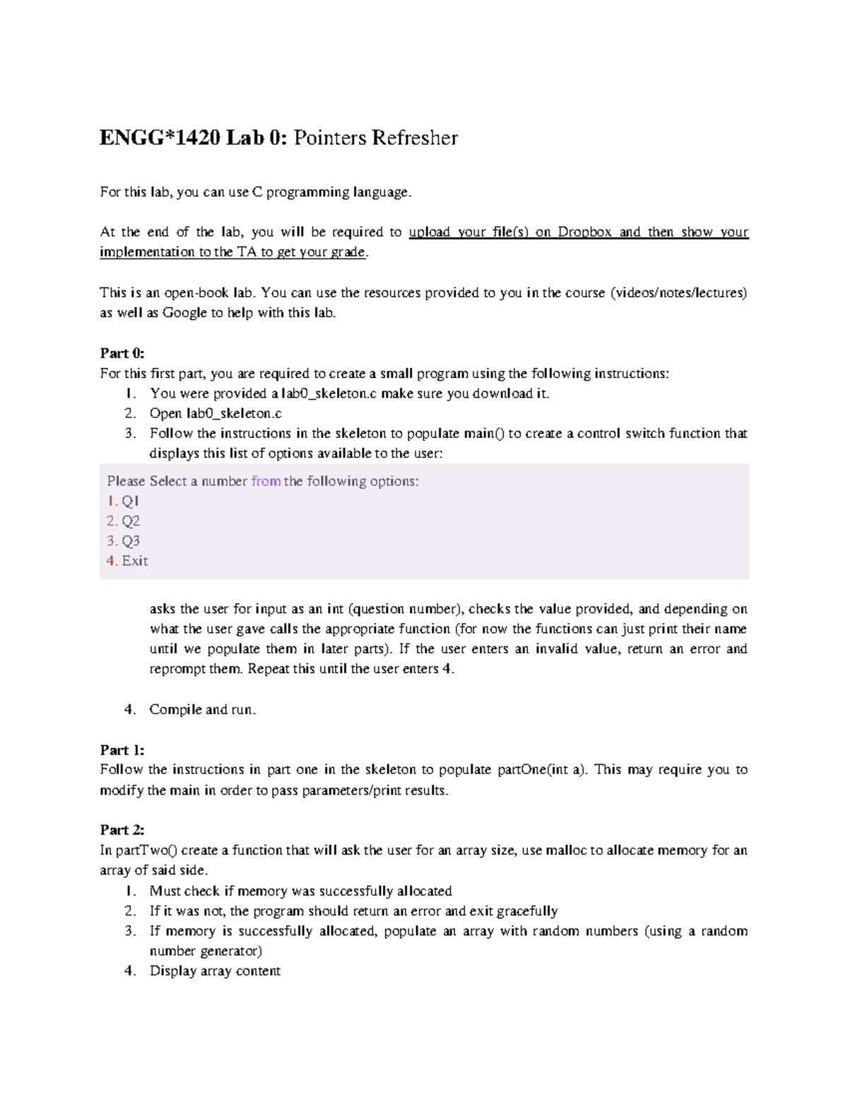 Lab0 Warm up in C - Answers - ENGG*1420 Lab 0: Pointers Refresher For ...