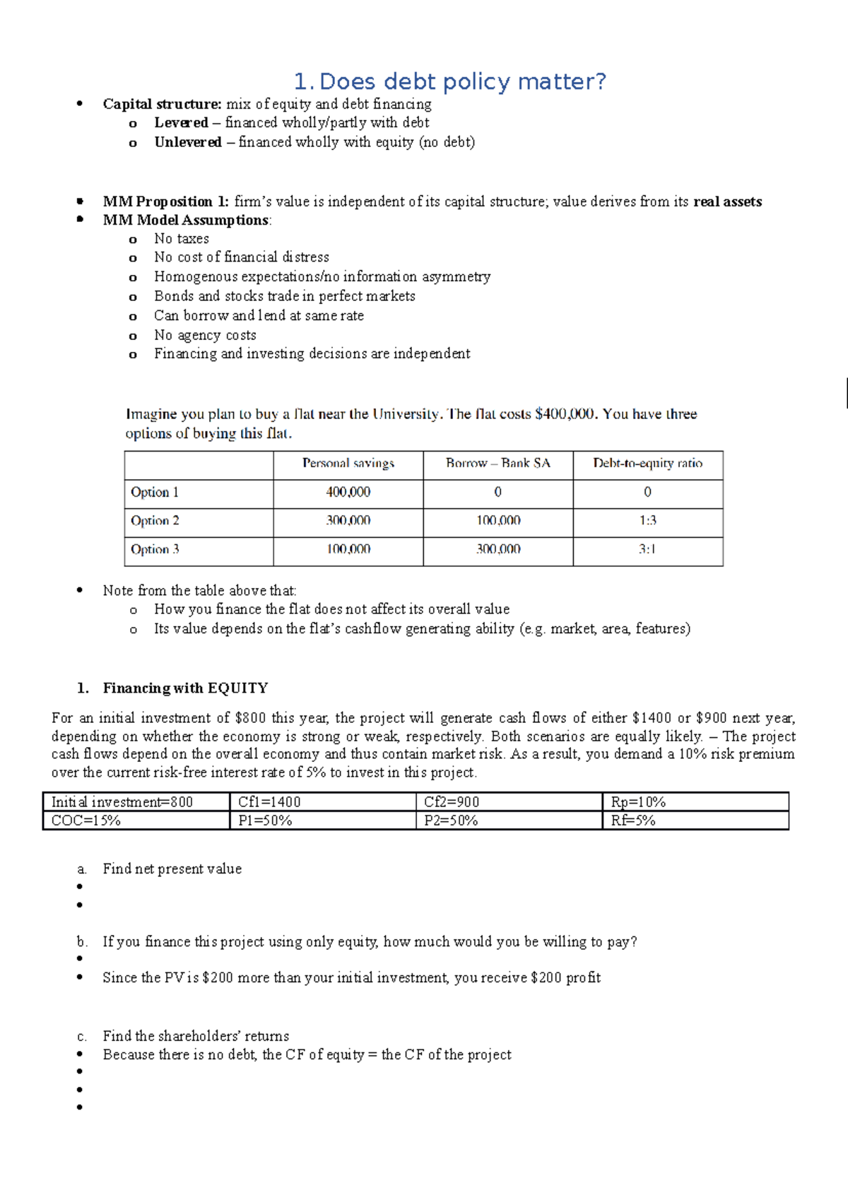 Topics week 1 to 5 - 1. Does debt policy matter? Capital structure: mix ...