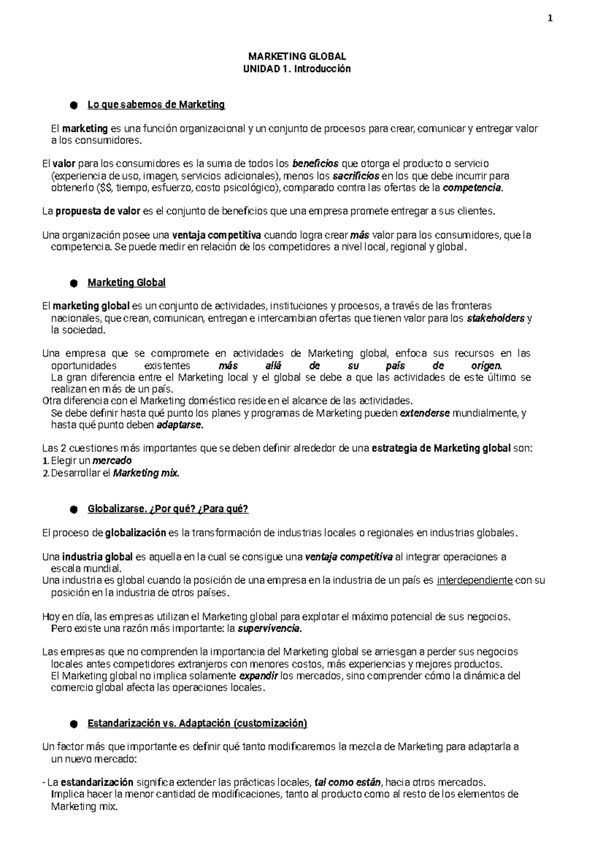 Resumen para Final de Marketing Global - MARKETING GLOBAL UNIDAD 1 ...