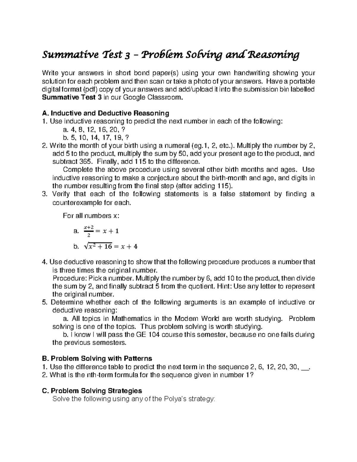 Summative Test 3 - Problem Solving and Reasoning - Summative Test 3 ...
