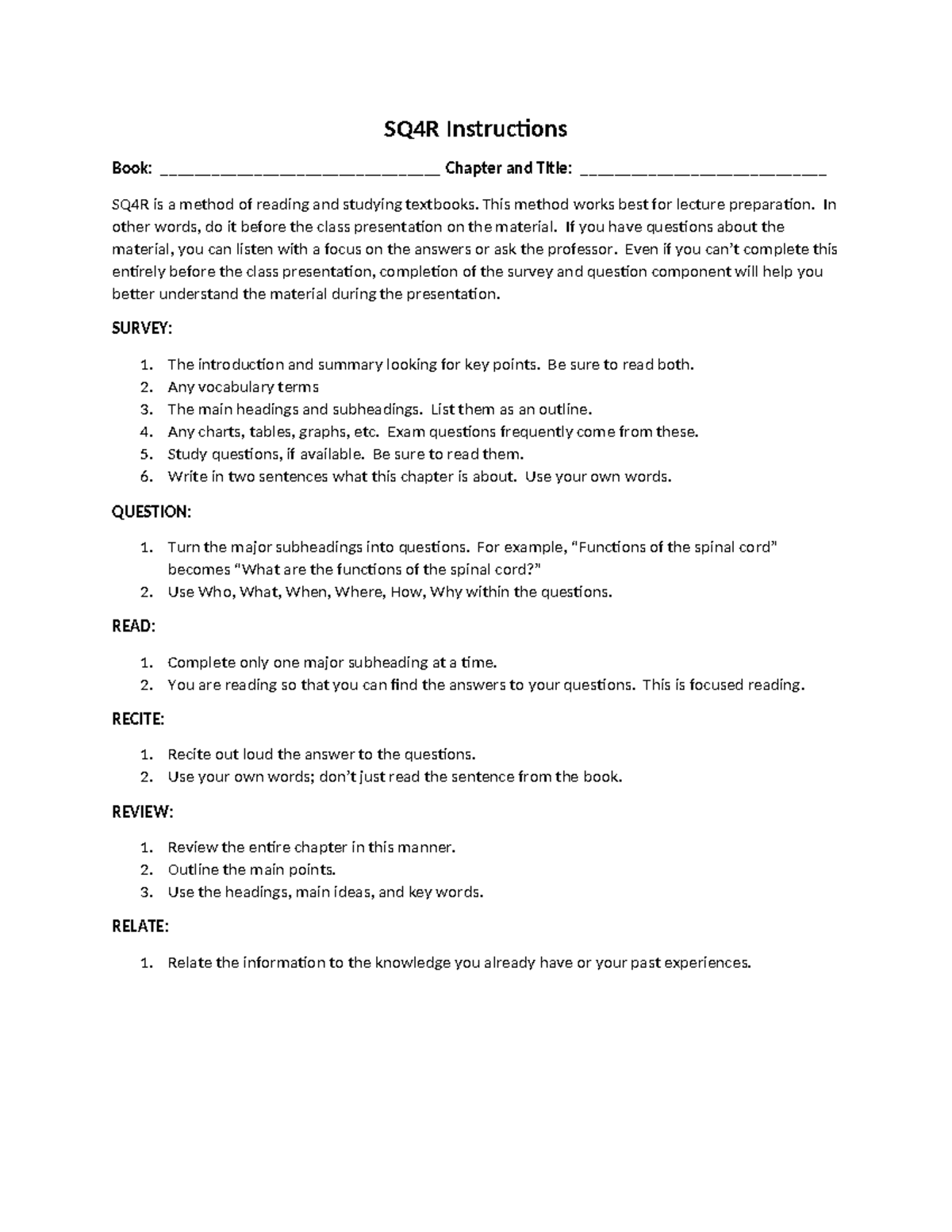 SQ4R Instructions - SQ4R template - SQ4R Instructions Book