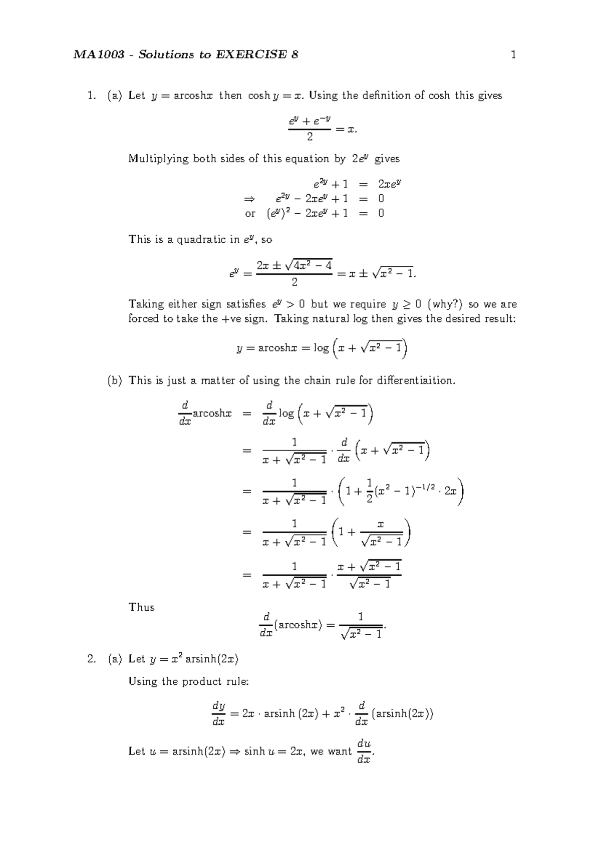 Exercise 8 Solutions - (a) Let y = arcoshx then coshy = x. Using the ...