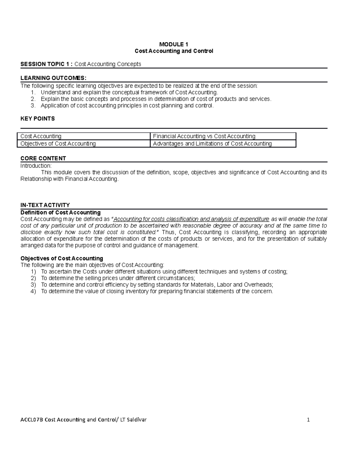 ACCN07B. Module 1- Cost Accounting Concepts - Copy - MODULE 1 Cost ...