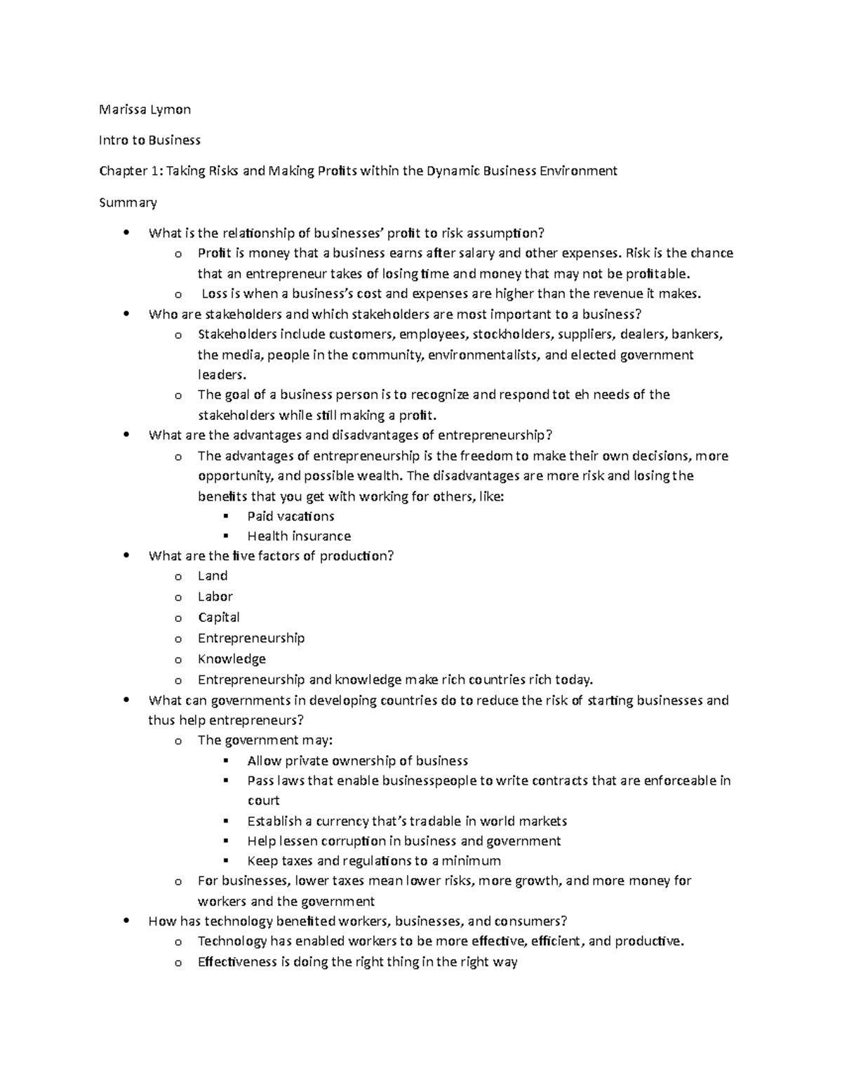 Chapter 1 Summary - Marissa Lymon Intro to Business Chapter 1: Taking ...