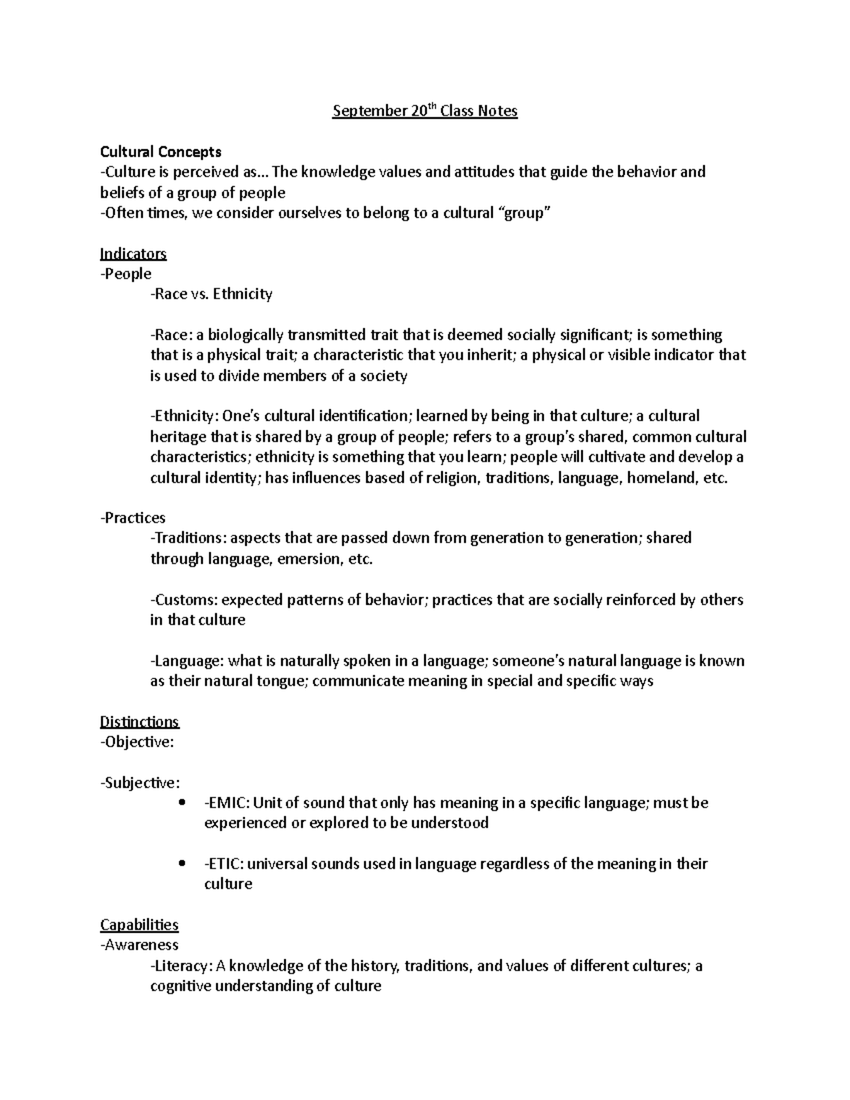 Cultural Concepts Notes - September 20 th Class Notes Cultural Concepts ...