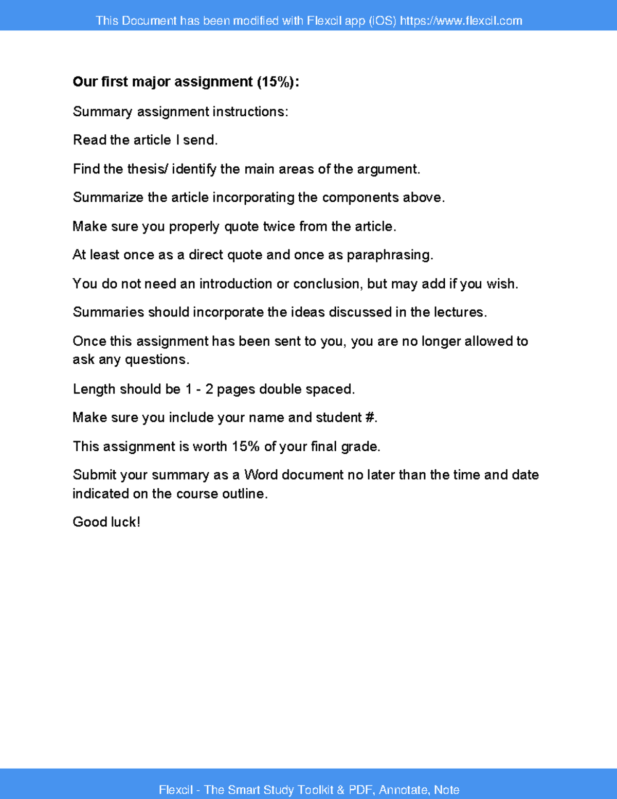 Summary Assignment Instructions - Our first major assignment (15% ...