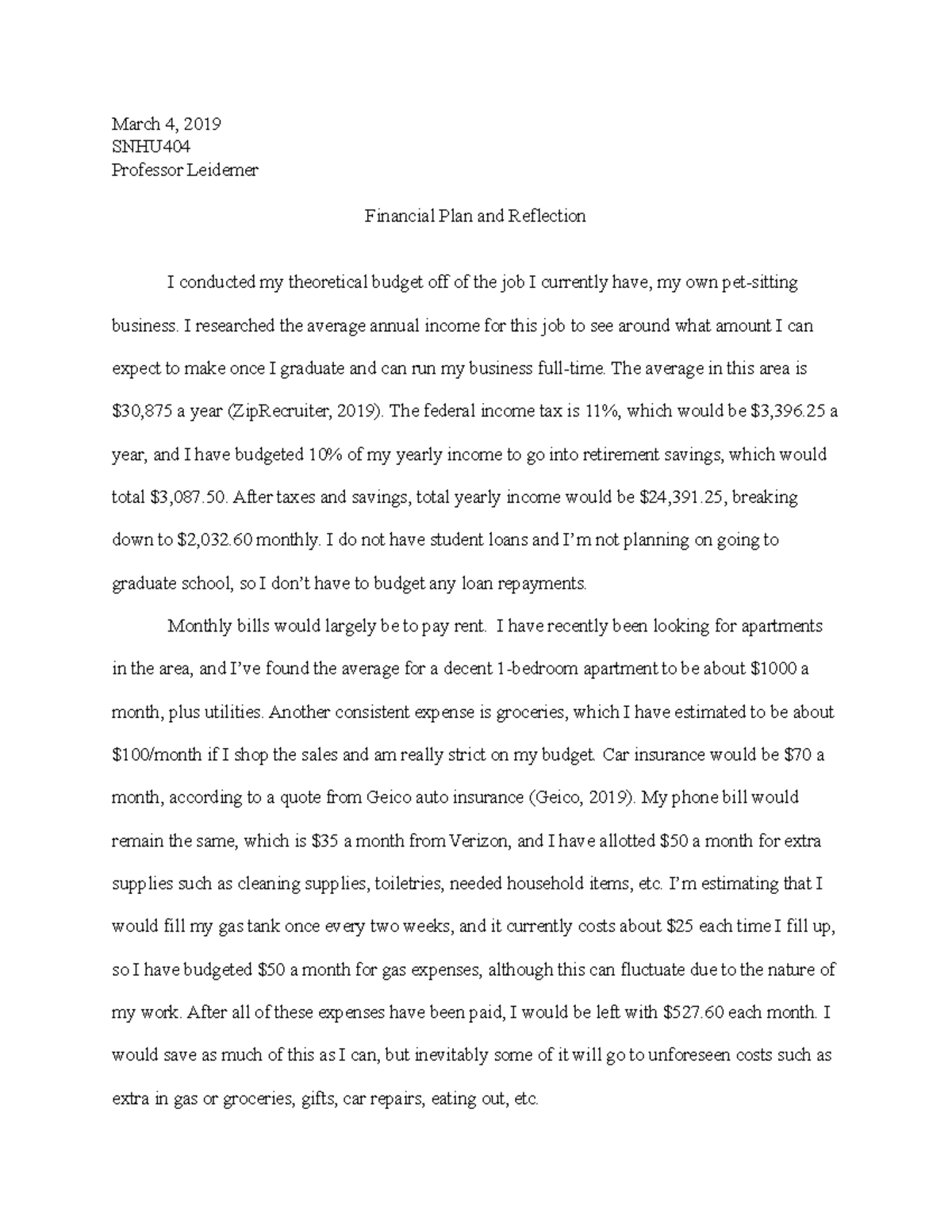 Budget - March 4, 2019 SNHU Professor Leidemer Financial Plan and ...