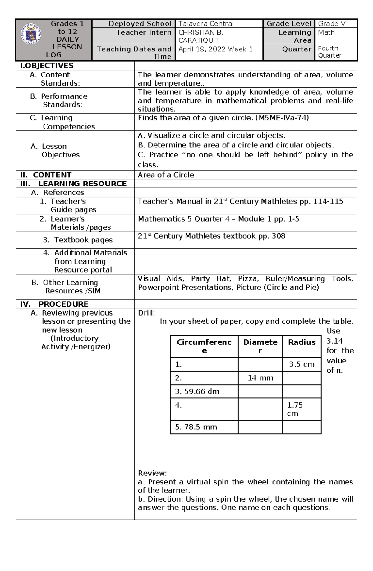 DLL MATH 4th Q M1 - daily lesson log - I A. Content Standards: The ...
