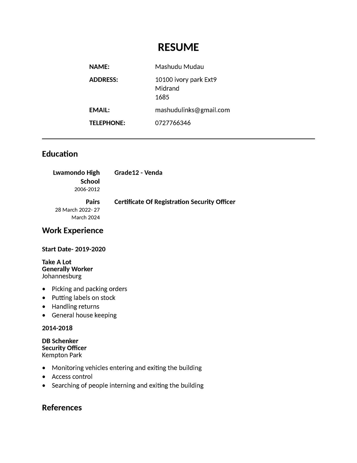 PDF document - Practice material - RESUME NAME: Mashudu Mudau ADDRESS ...