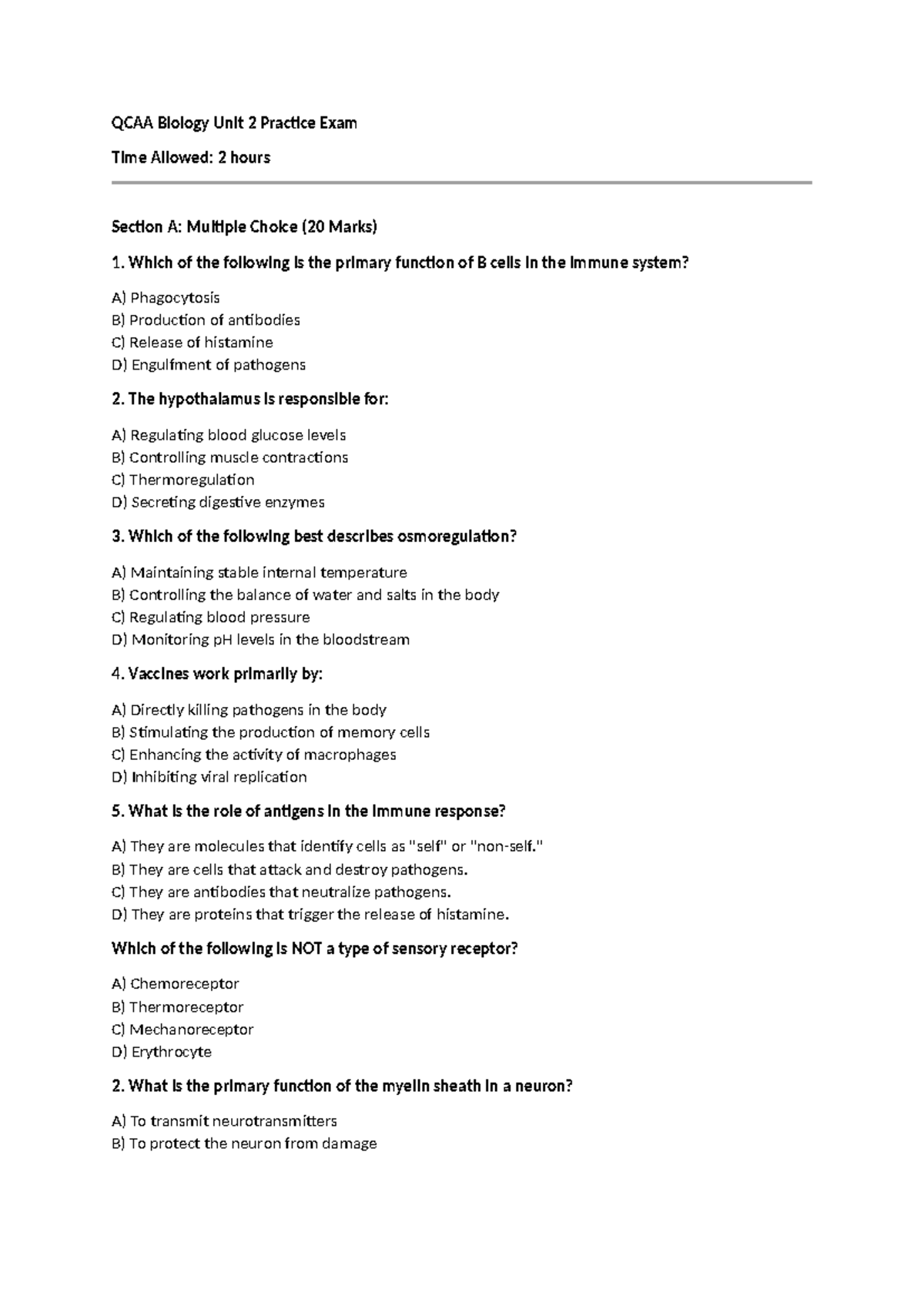 qcaa biology unit 2 practice exam