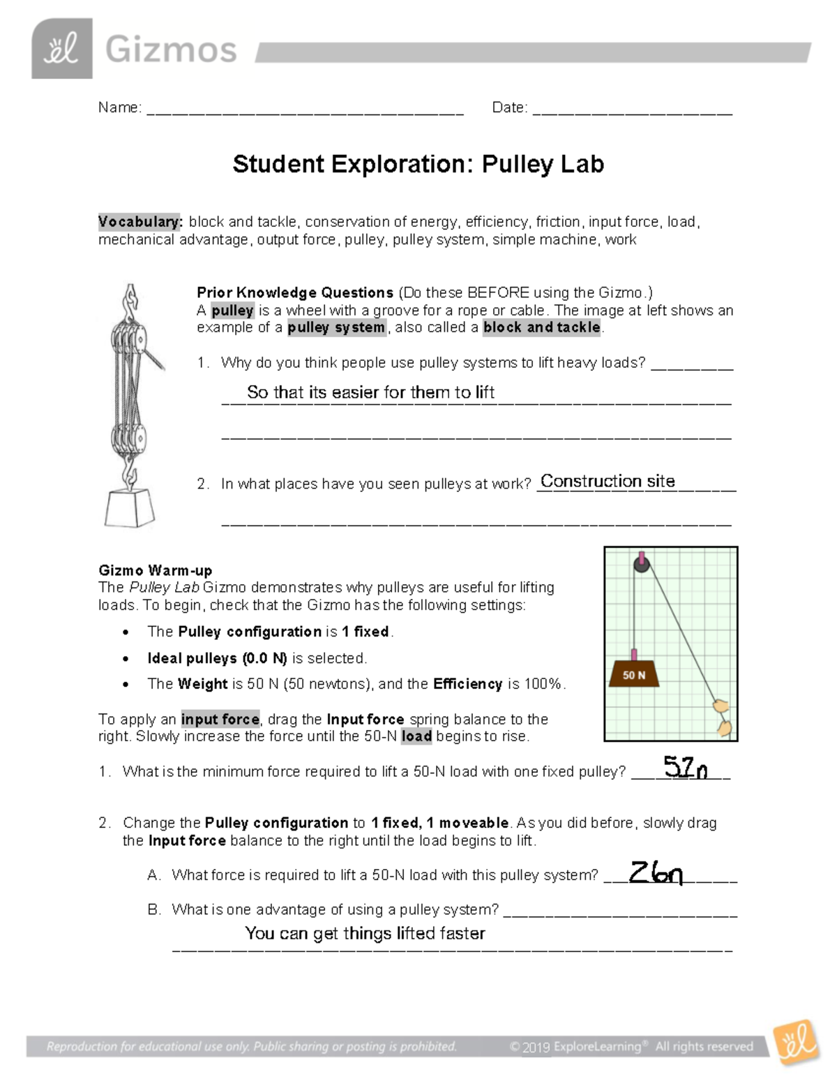 Pulley Lab Gizmo Name ______________________________________ Date