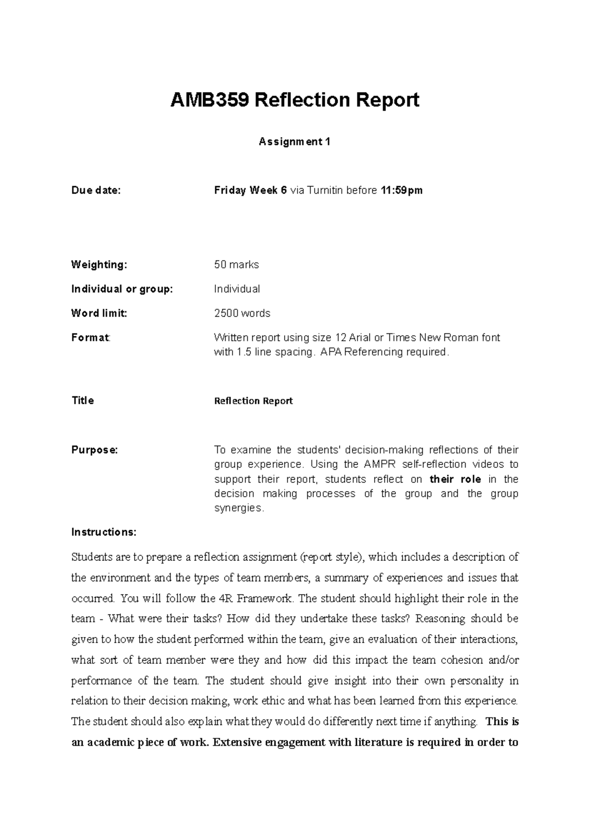 Assignment 1 Reflection Report(3) - AMB359 Reflection Report Assignment ...