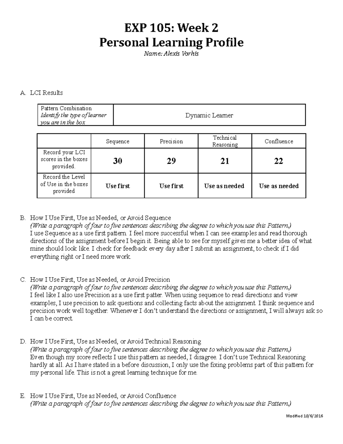 Week 2 Personal Learning Profile EXP105-1 - EXP 105: Week 2 Personal ...