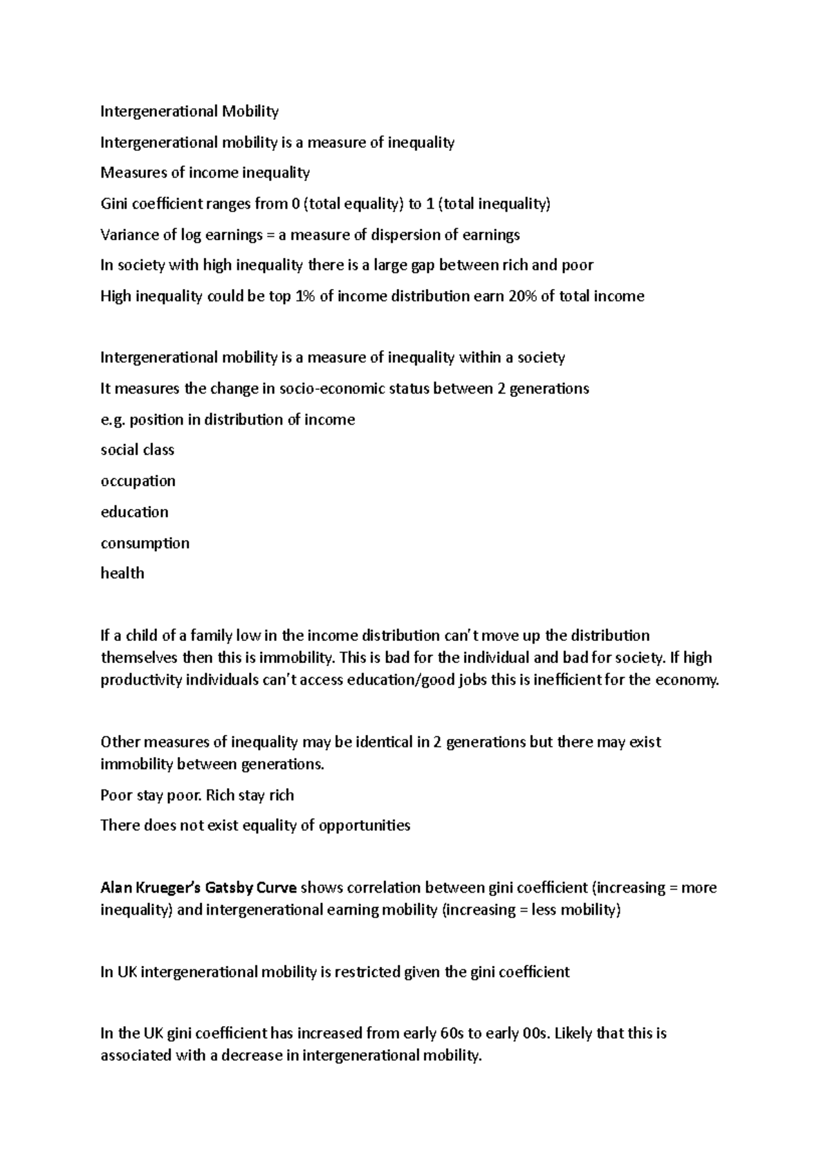 Intergenerational Mobility Notes Intergenerational Mobility