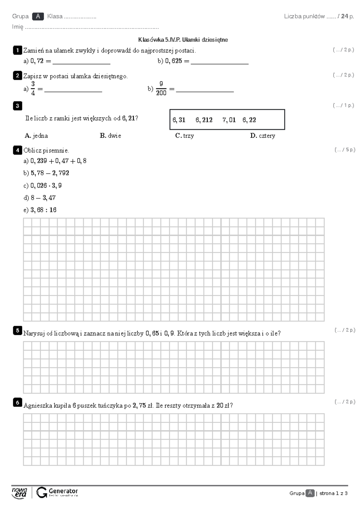 Klasówka 5.IV.P. Ułamki dziesiętne Test (z widoczną punktacją) - Grupa