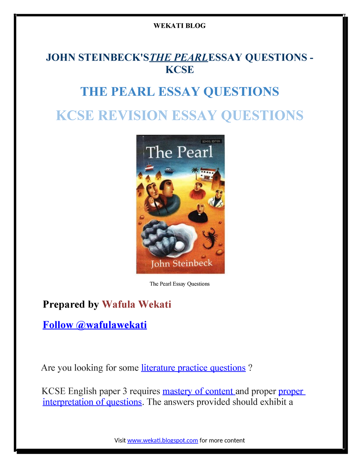 kcse essays on the pearl