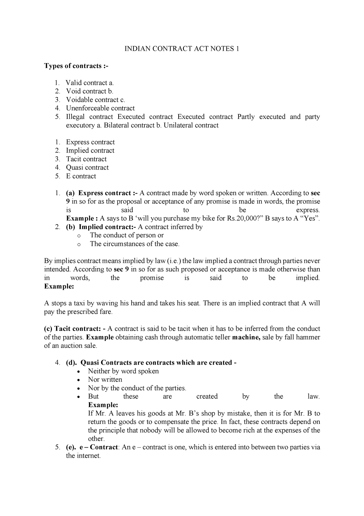 Indian Contract ACT Notes 1 - INDIAN CONTRACT ACT NOTES 1 Types Of ...