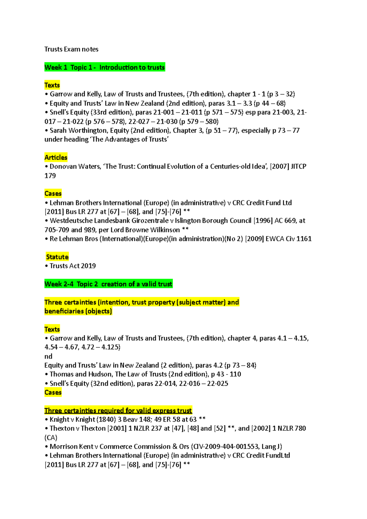 Trusts Exam Notes - Trusts Exam Notes Week 1 Topic 1 - Introduction To ...