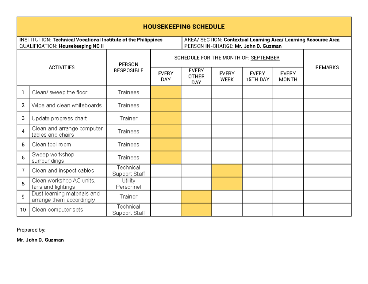 Housekeeping Schedule Form Sample HOUSEKEEPING SCHEDULE INSTITUTION   Thumb 1200 927 