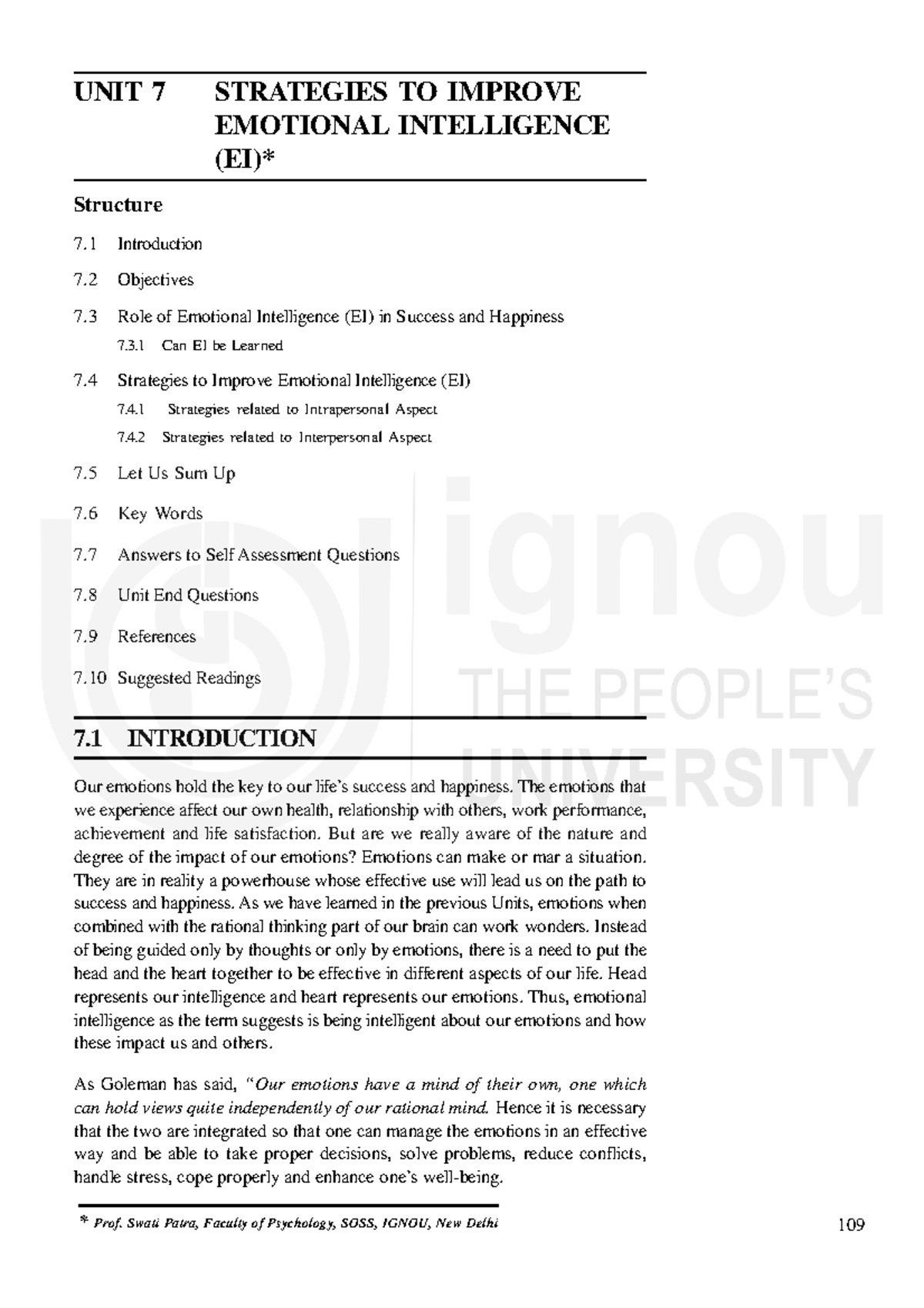 Unit-7 - Notes - UNIT 7 STRATEGIES TO IMPROVE EMOTIONAL INTELLIGENCE ...