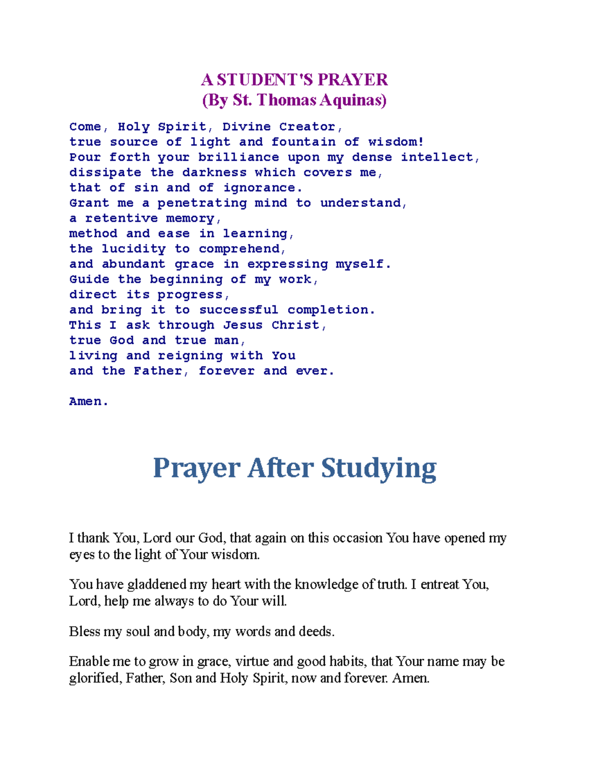 A Student Prayer Before and After Studying A STUDENT'S PRAYER (By St