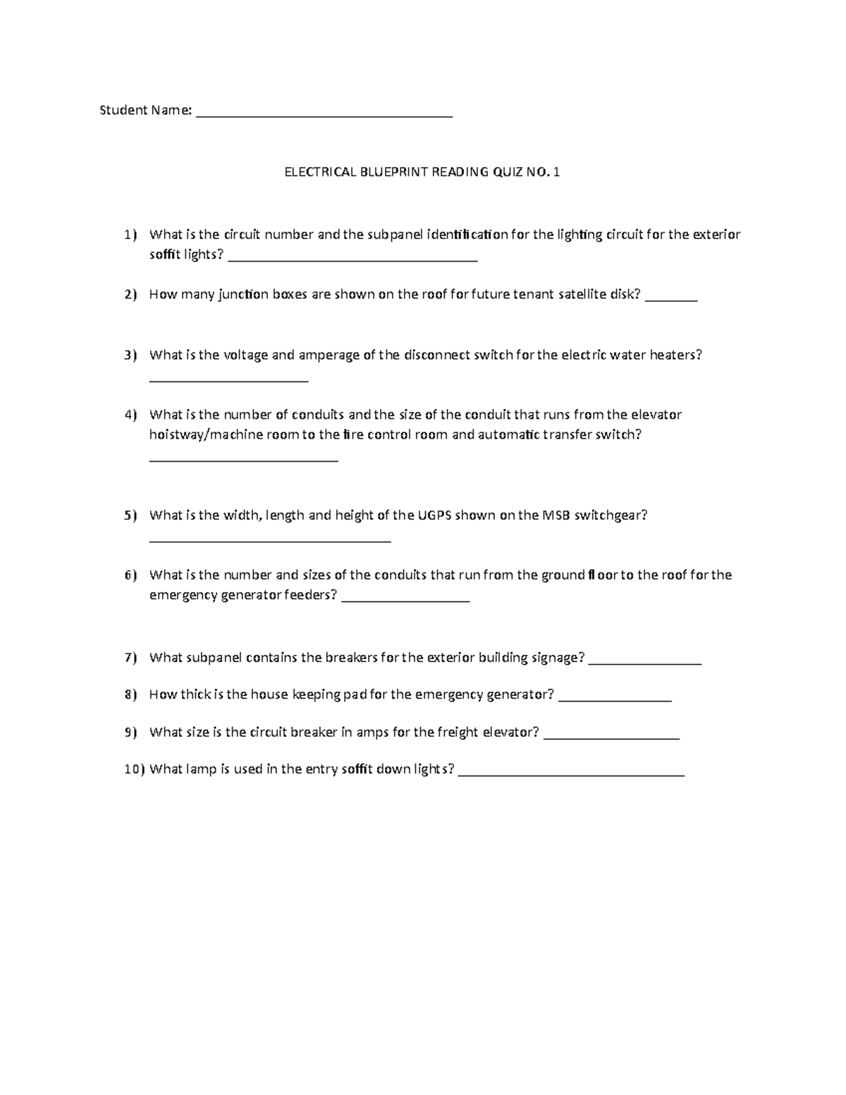 Electrical Quiz No. 1 No Answers Student Name