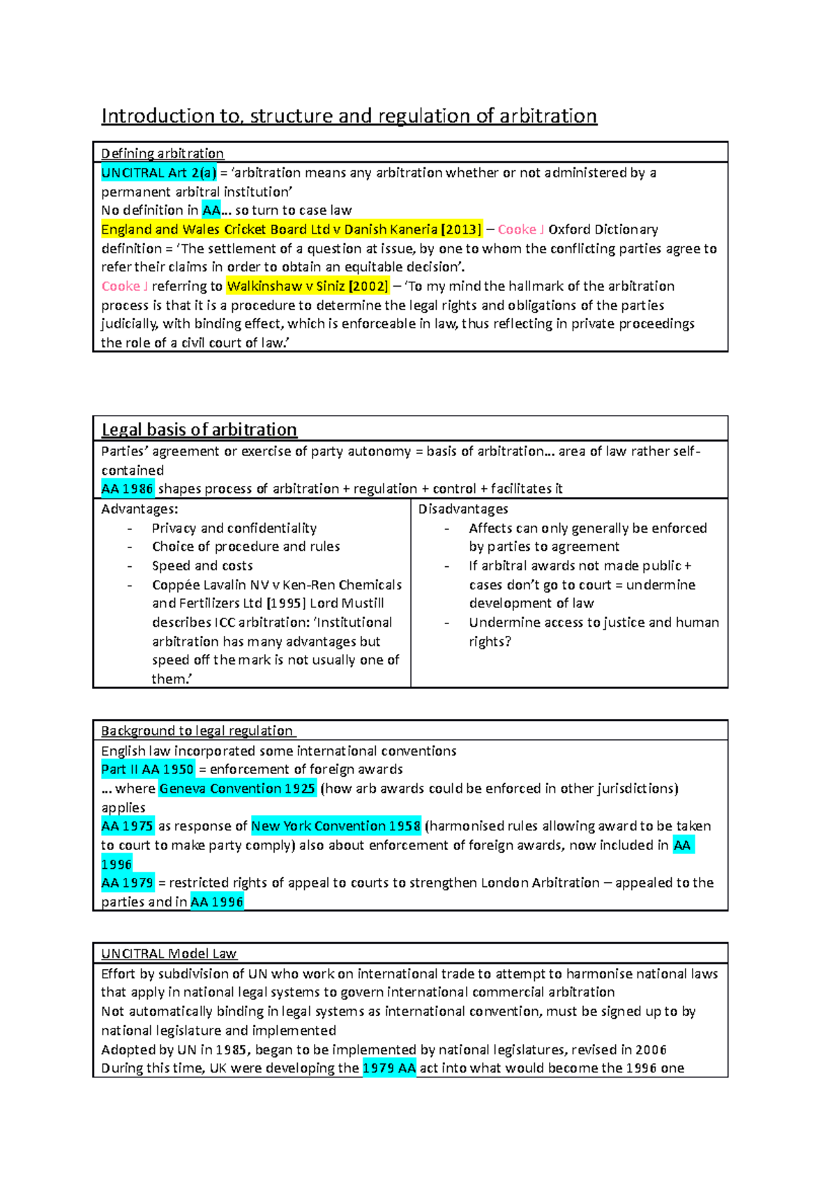 Commercial Arb notes Introduction to, structure and regulation of arbitration Defining