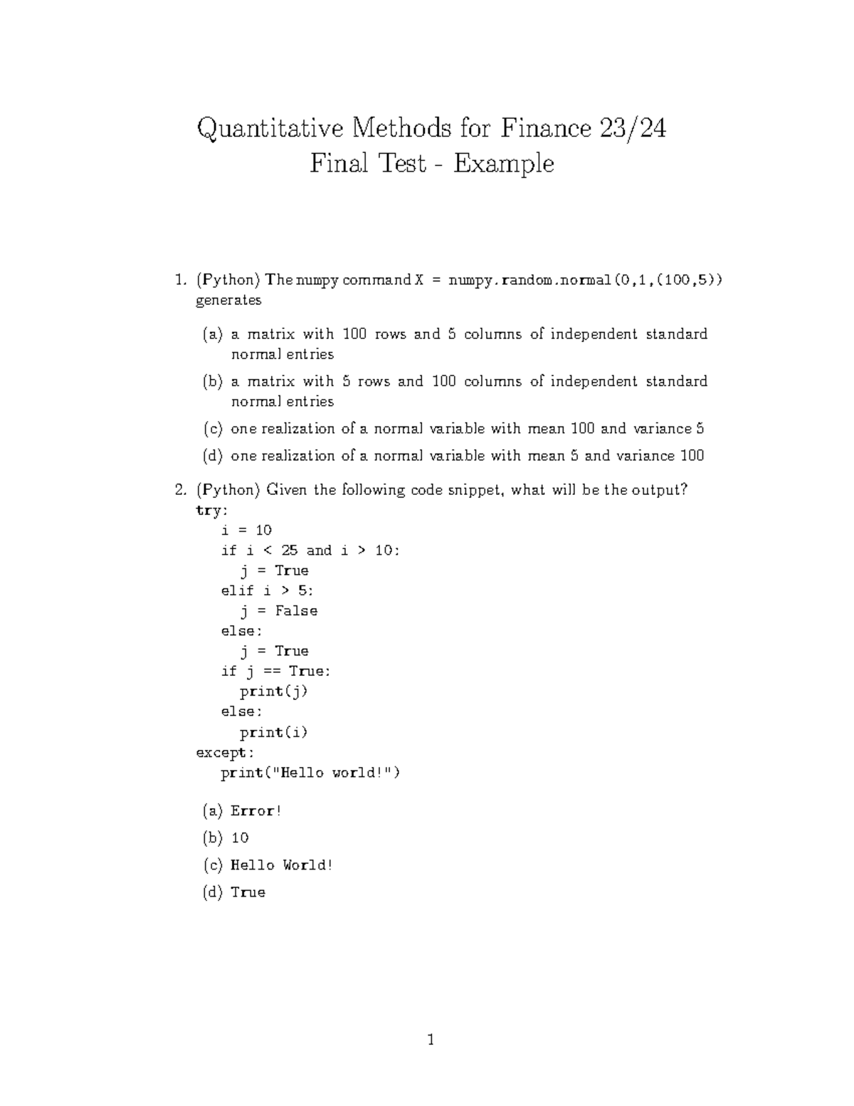 Sample Final QMF23 - Quantitative Methods for Finance 23/ Final Test ...