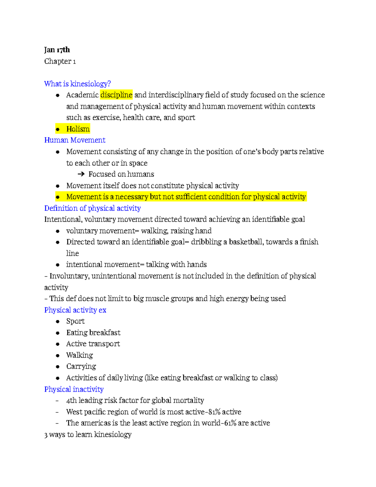 Copy Of Kinesiology Notes - Jan 17th Chapter 1 What Is Kinesiology ...