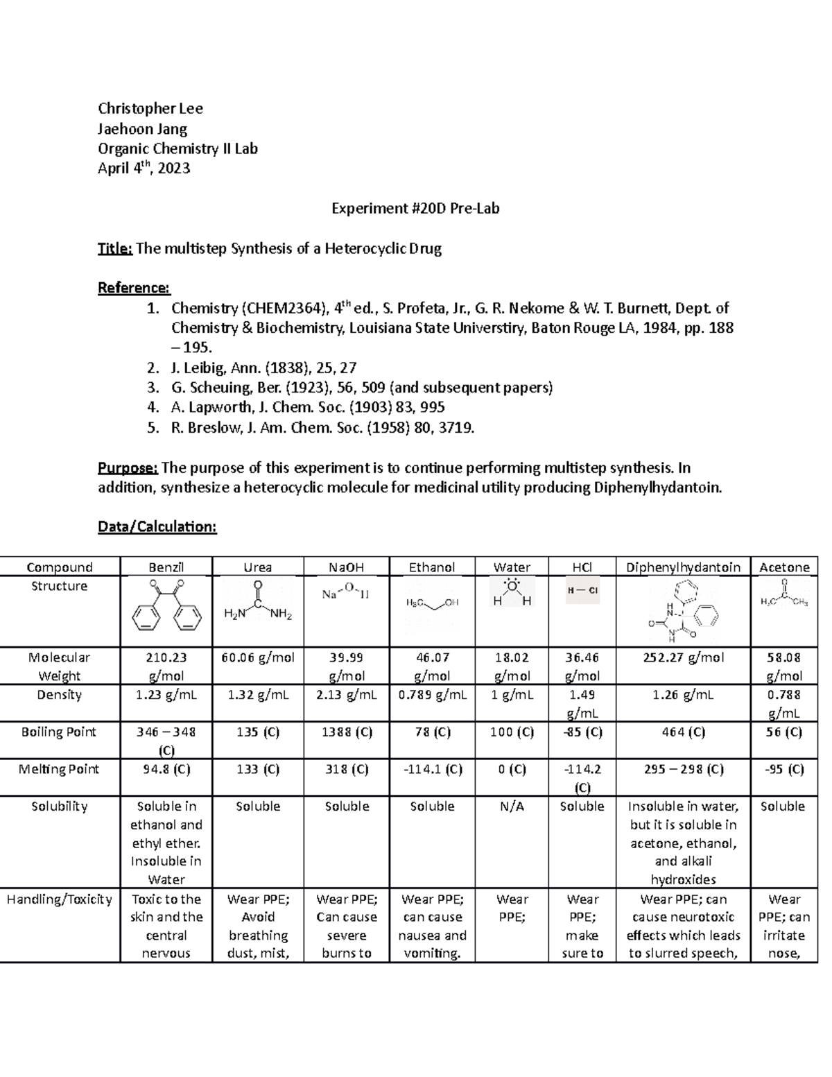 Pre-Lab ^N20 - Pre-Lab for Experiment #20 Multistep Synthesis of a ...