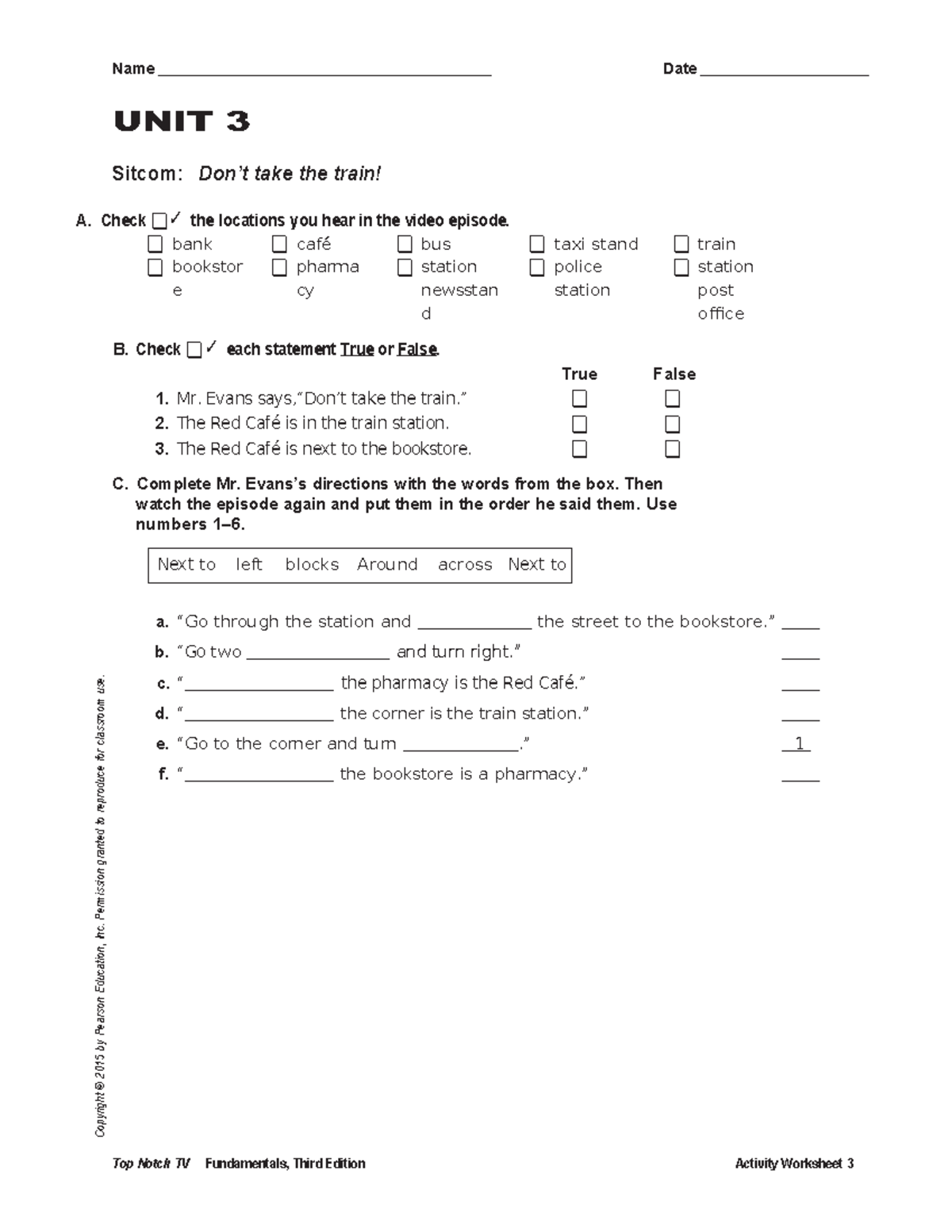 UNIT 03 Video Worksheets - Next to left blocks Around across Next to ...
