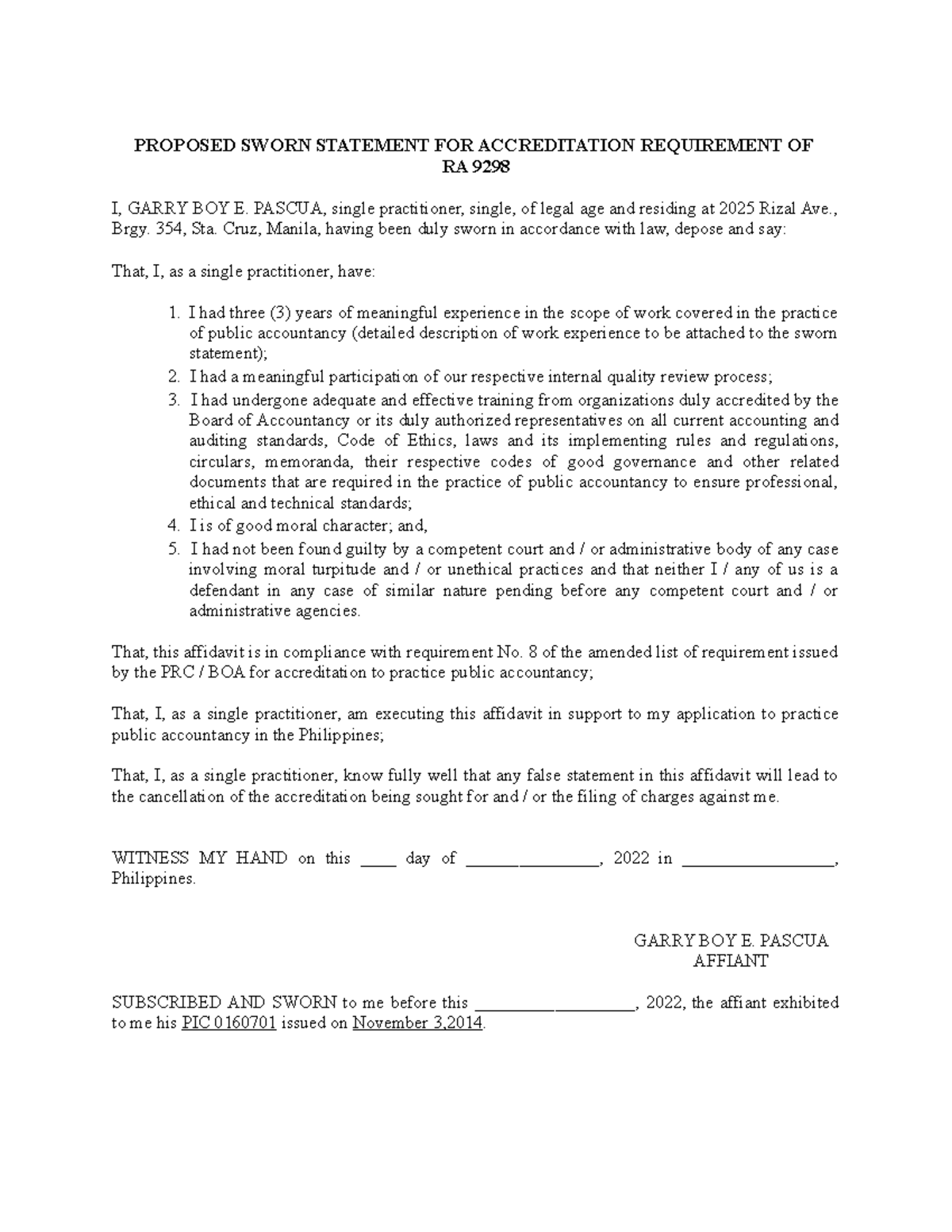 Boa7 Proposed Sworn Statement For Accreditation Requirement Of Ra 9298 