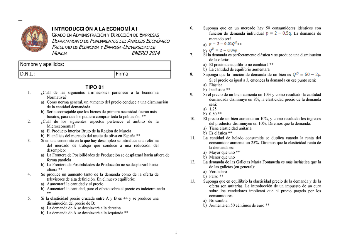 Examen Tipo Test Enero A La I Grado En Y De Empresas Departamento De Fundamentos Del