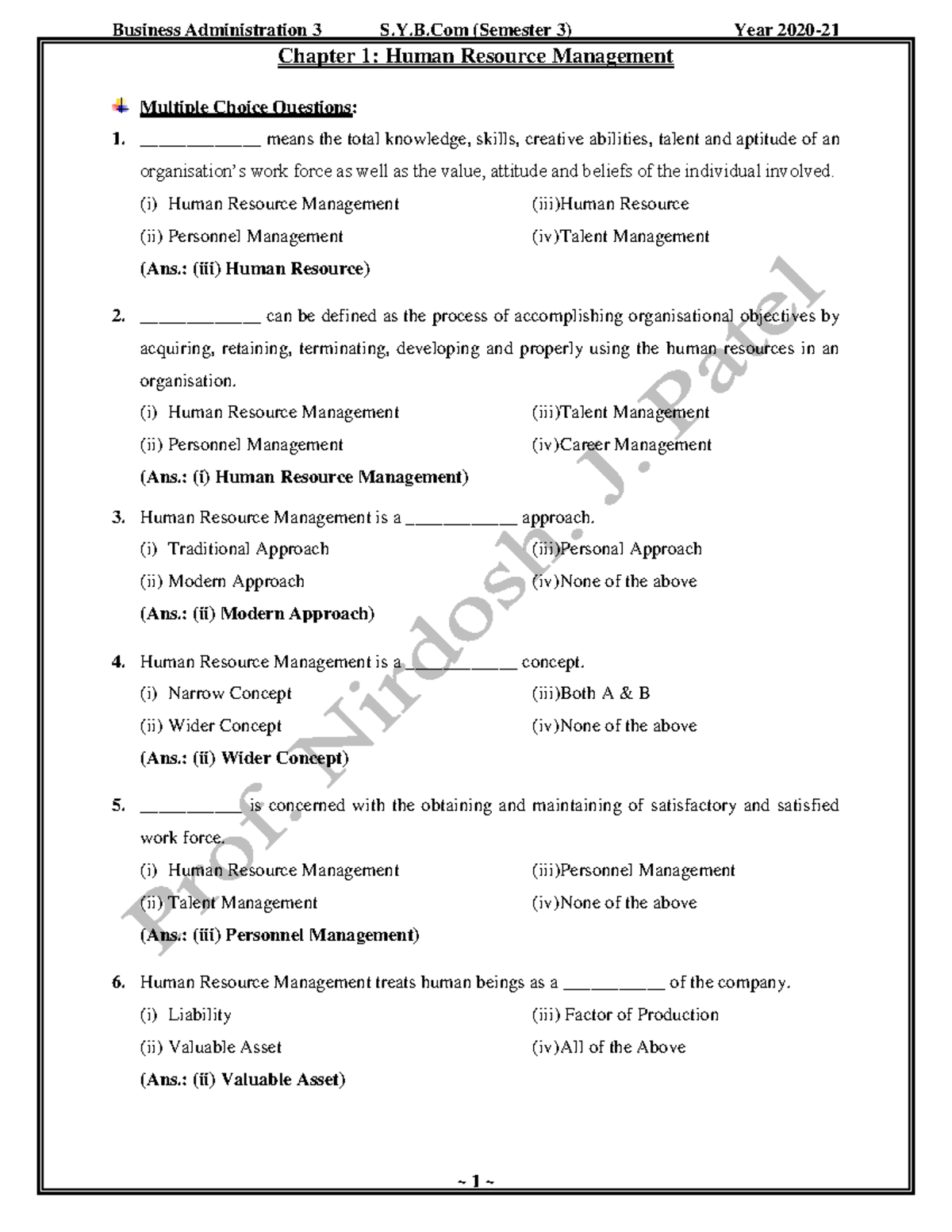 B.A. MCQ And Short & Long Questions - Chapter 1: Human Resource ...