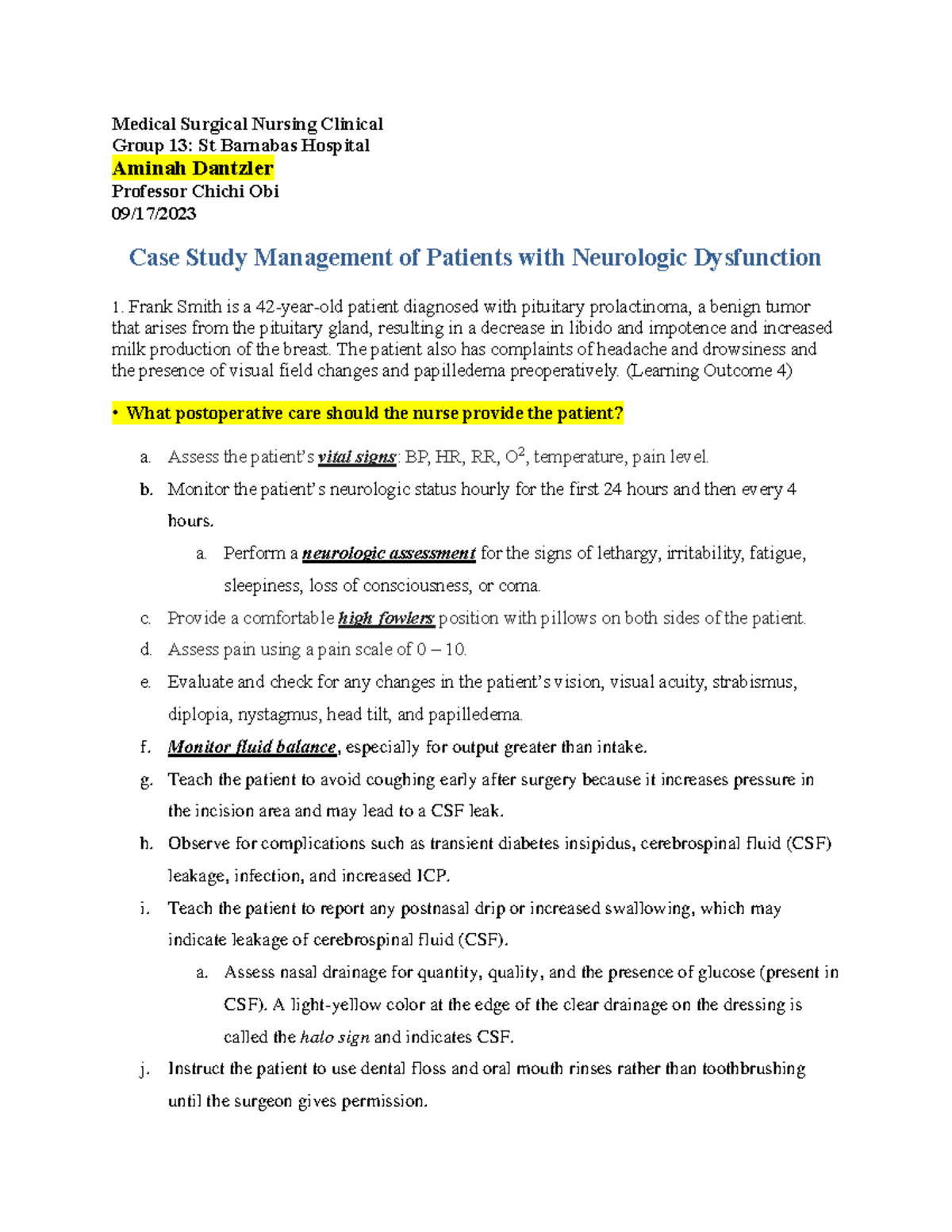Neurological Case Study medical surgical nursing Medical Surgical