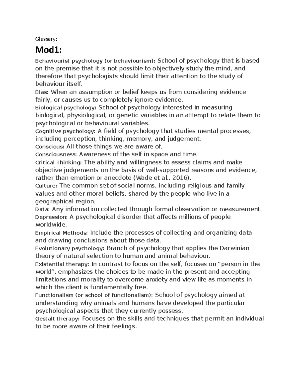 Psych - Lecture Notes 8 - Glossary: Mod1: Behaviourist Psychology (or ...