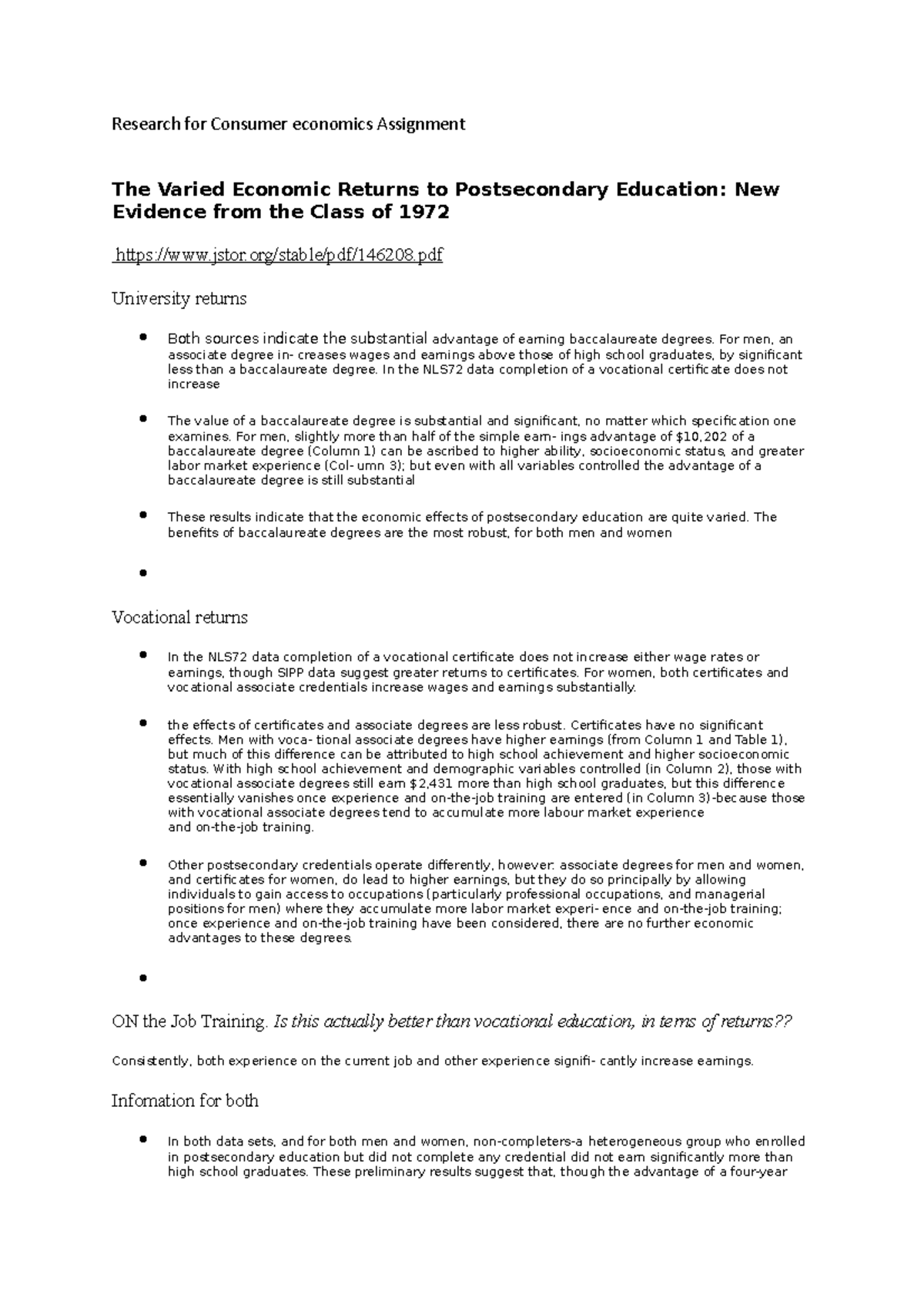 Research for Consumer economics Assignment - pdf University returns ...