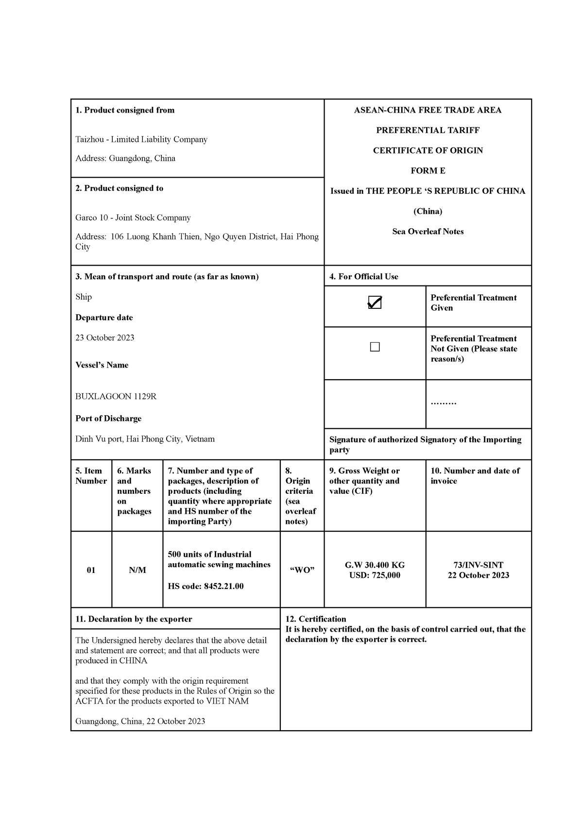 Certificate of Origin - HVTC - Product consigned from ASEAN-CHINA FREE ...