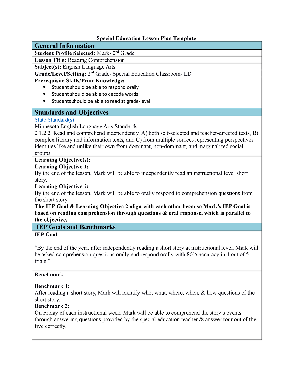 SPED Lesson Plan 1 Assingment for Special Education Special
