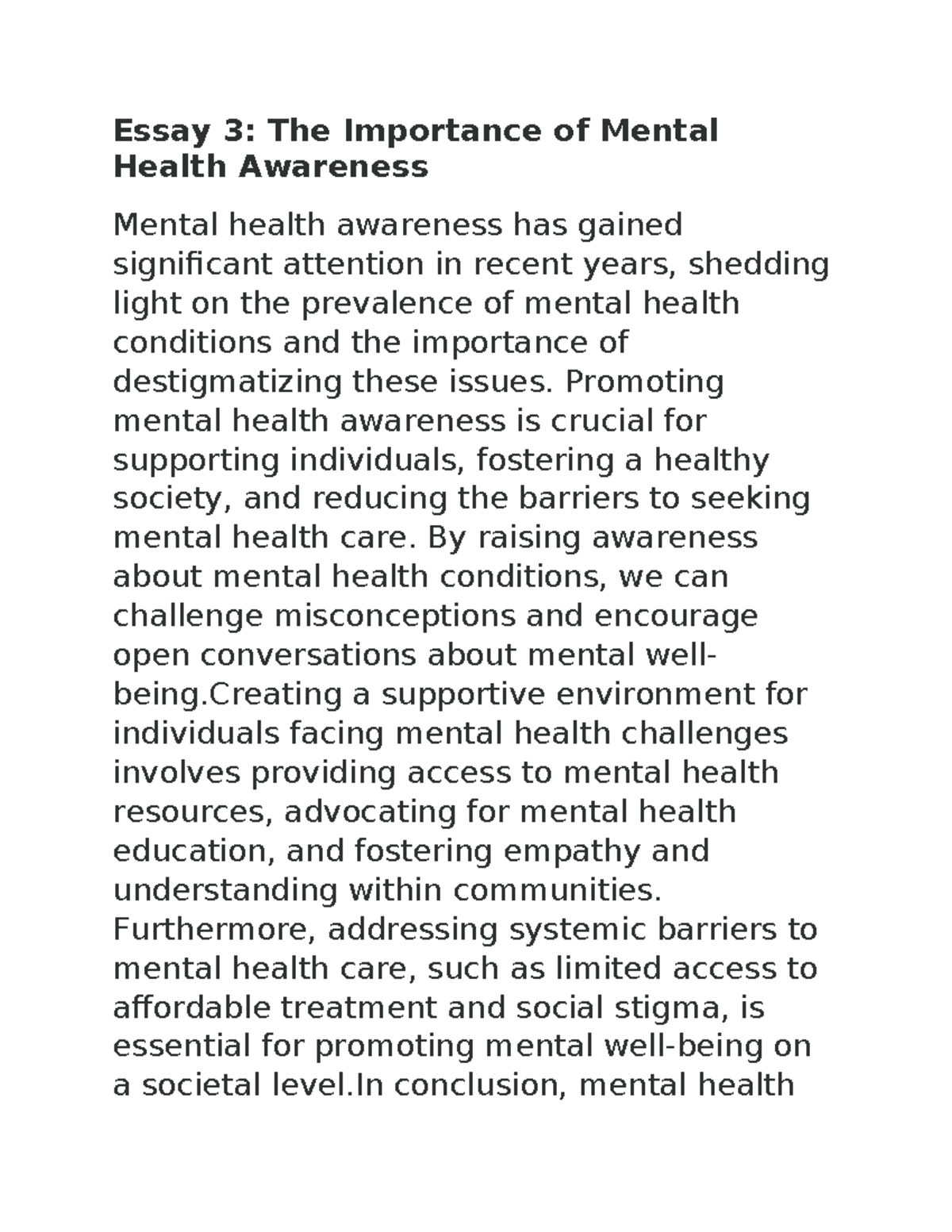 importance of mental health awareness essay