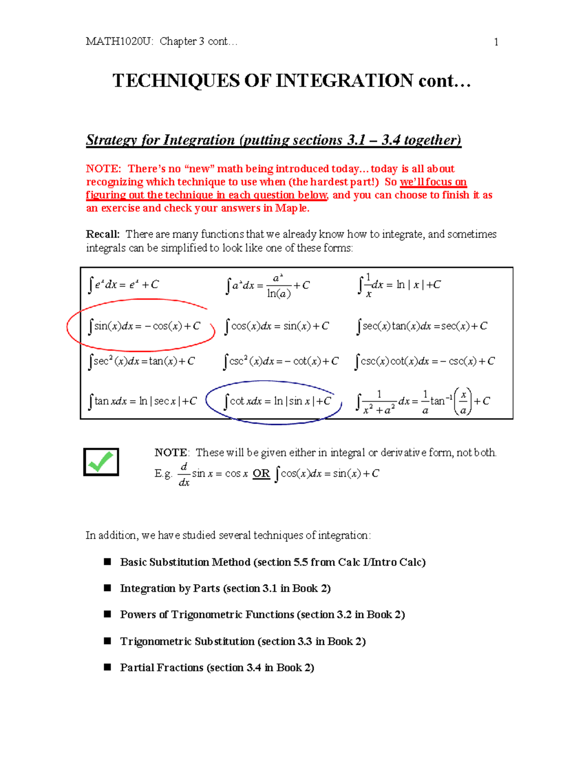 Week 3 Lecture 1 Ver. 1 - TECHNIQUES OF INTEGRATION Cont... Strategy ...