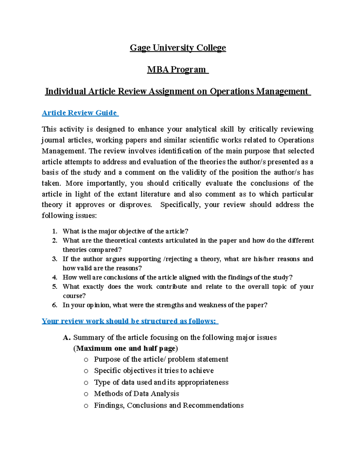 Article Review Guideline Individual Assignment OMT Gage University