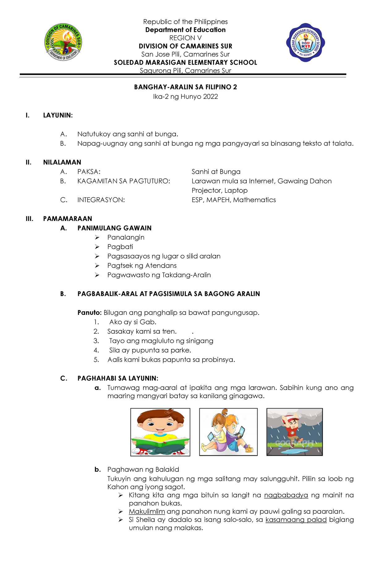 Sanhi AT Bunga Grade 2 - Lesson Plan - Republic Of The Philippines ...