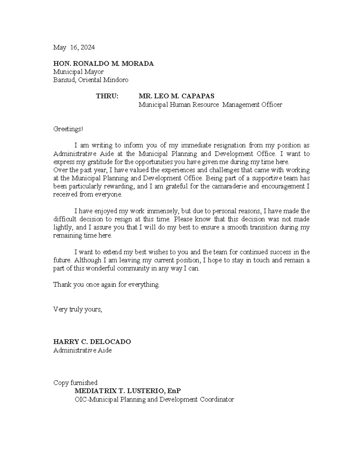 RL - RL TO READ - May 16, 2024 HON. RONALDO M. MORADA Municipal Mayor ...